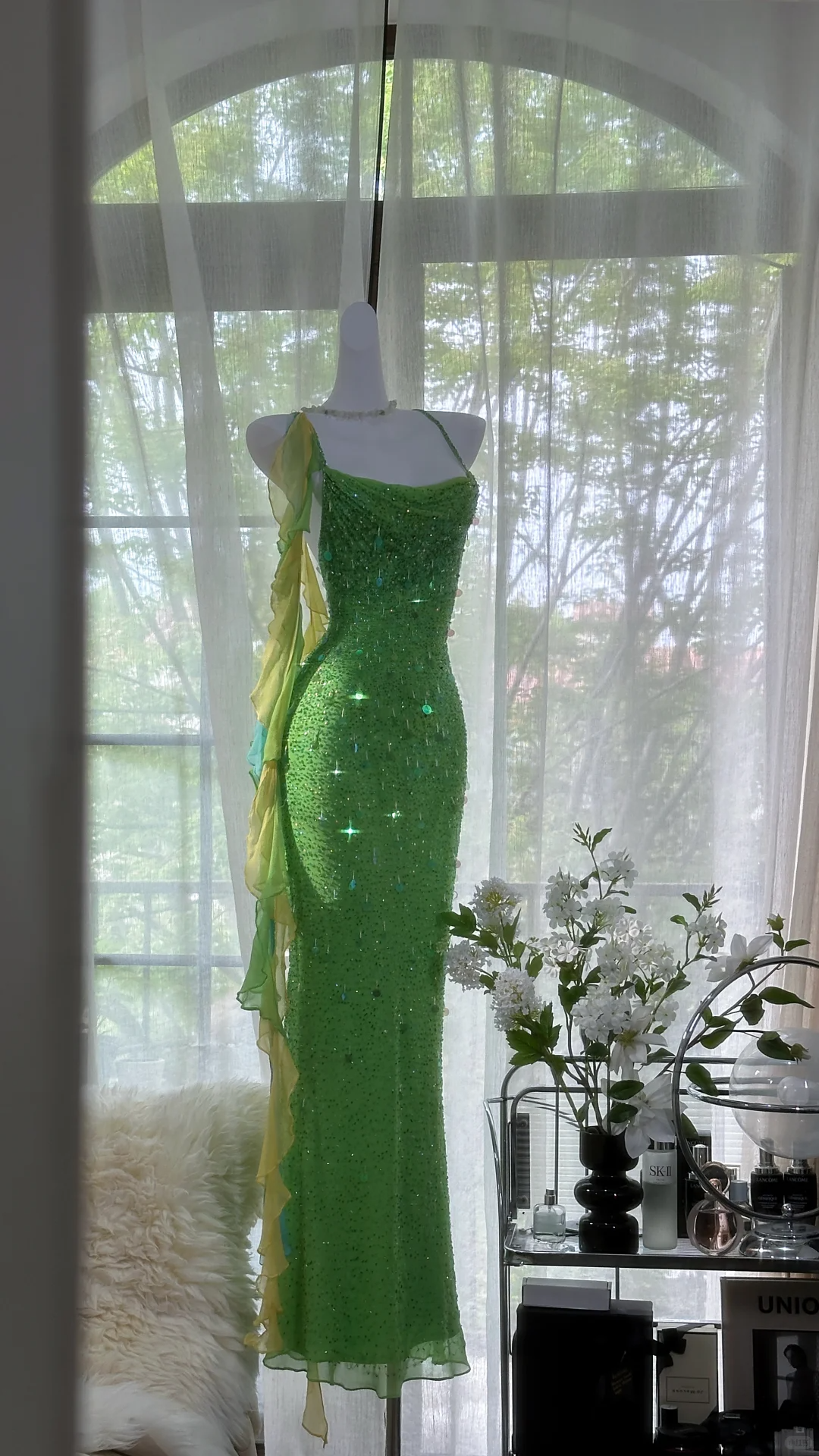 Vintage Shiny Sequin Green Spaghetti Strap Design A-line Romantic Chiffon Evening Dress Prom Dress TP4007