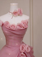Vintage Pink Tulle 3D Flowers Strapless A-Line Evening Gown TP5182