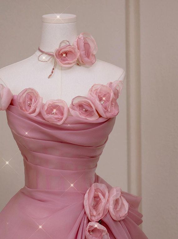 Vintage Pink Tulle 3D Flowers Strapless A-Line Evening Gown TP5182