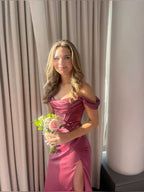Rose Pink Off Shoulder Sheath Satin Long Party Dress Wedding Guest Dresses