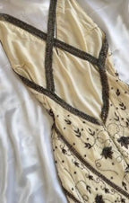 Fairytale Cream Beige/Black/Pink V Neck Sophisticated Elegant Floral Long Evening Prom Dress gh2941