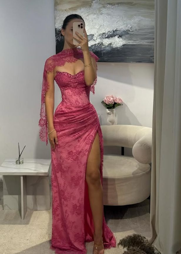 Pink Lace Prom Dress Sweetheart Neck Evening Dress With Slit  fg8226