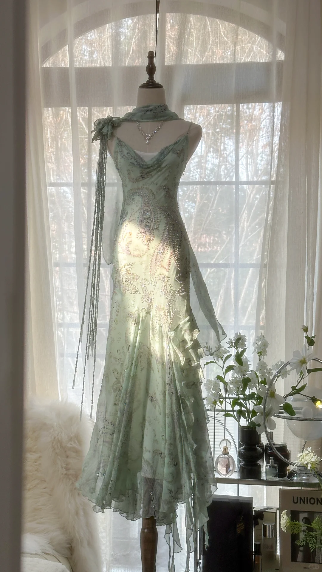 Elegant Light Green Sparkling Beaded Spaghetti Strap Romantic Chiffon Evening Dress Prom Dresses TP3980