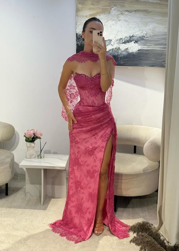 Pink Lace Prom Dress Sweetheart Neck Evening Dress With Slit  fg8226