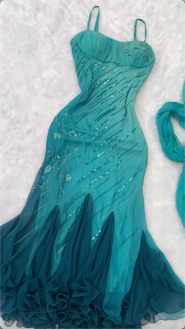 uschichubs-Teal Gradient Sling Gown, Sequin Embroidered Mermaid Dress with Matching  Scarf Evening Gown gh6002