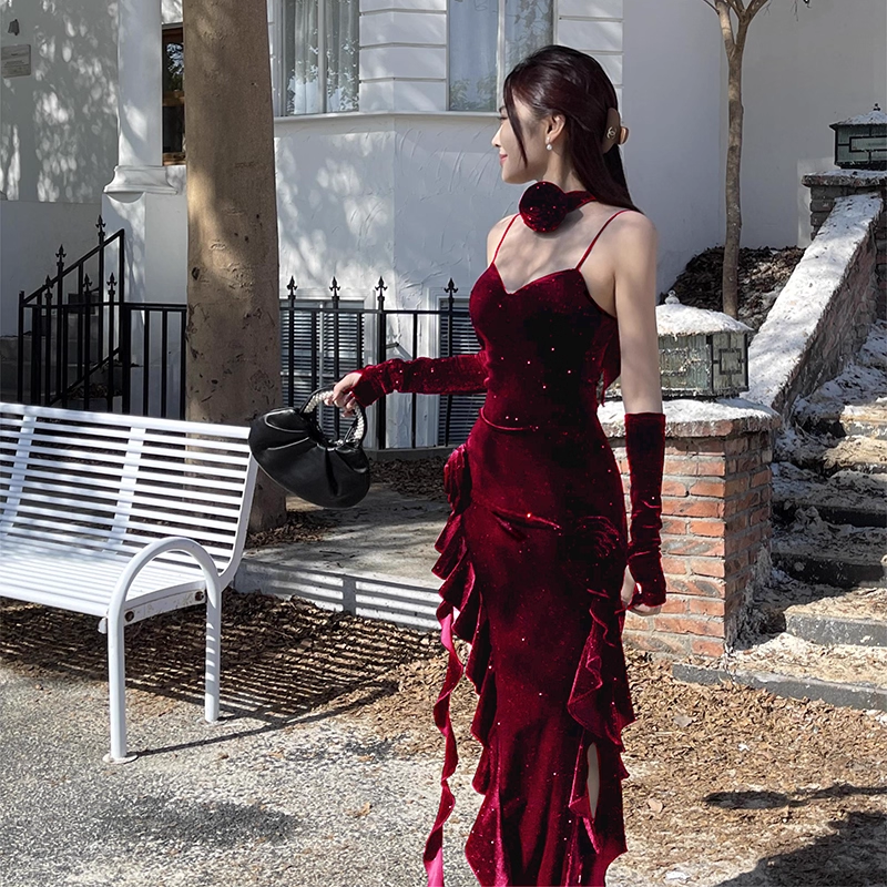 Vintage Glittering Sequin Sweetheart Spaghetti Strap Ruffled High Slit Prom Dress Evening Dress TP4350