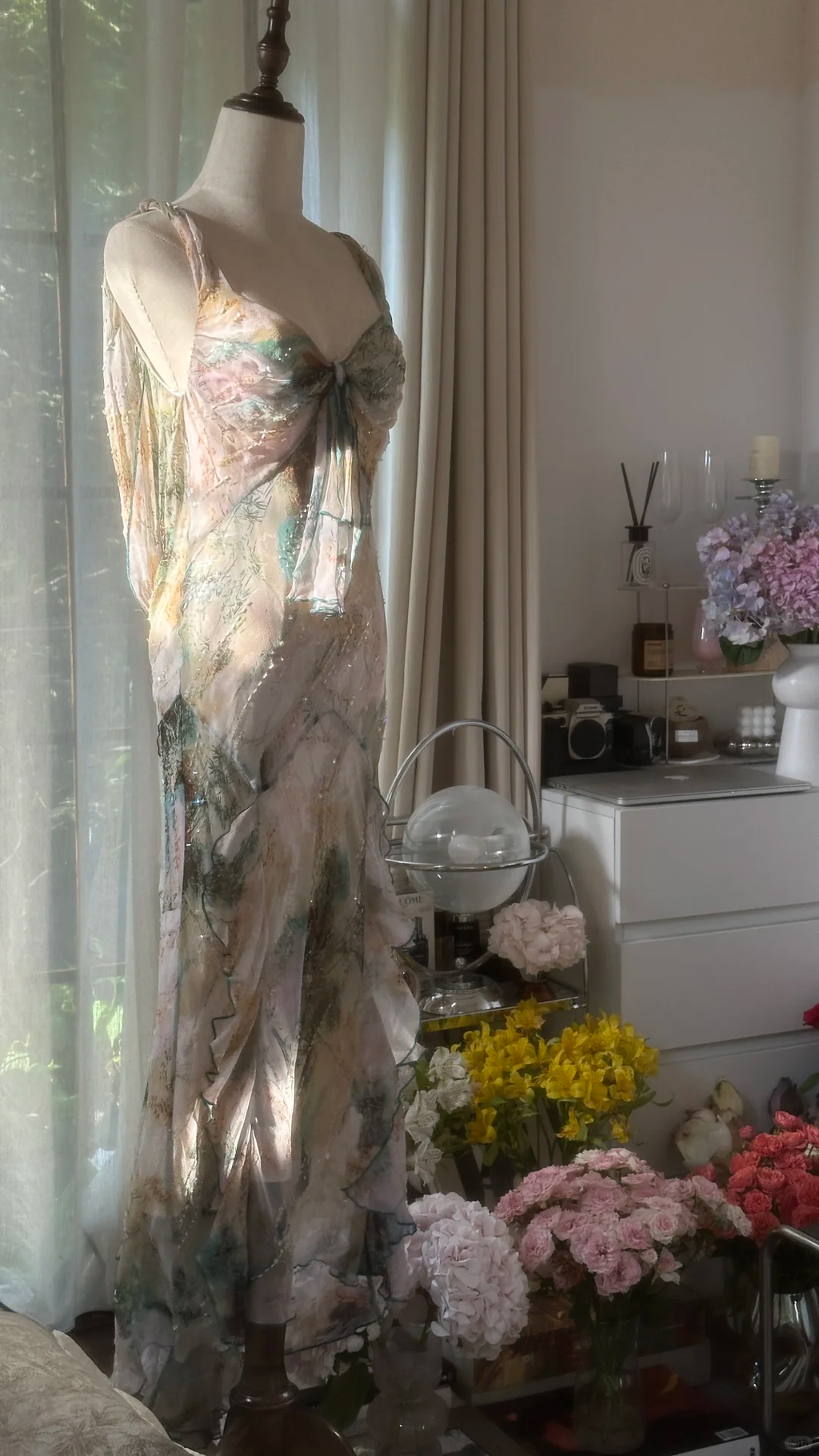 Vintage Sparkling Spaghetti Strap Backless Sweetheart Design Romantic Chiffon Evening Dress Prom Dress TP3993