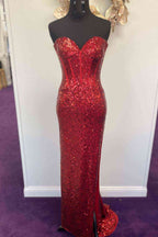 Sparkly Red Sequins Long Prom Dress with Sweep Train,Split Formal Evening Dresses