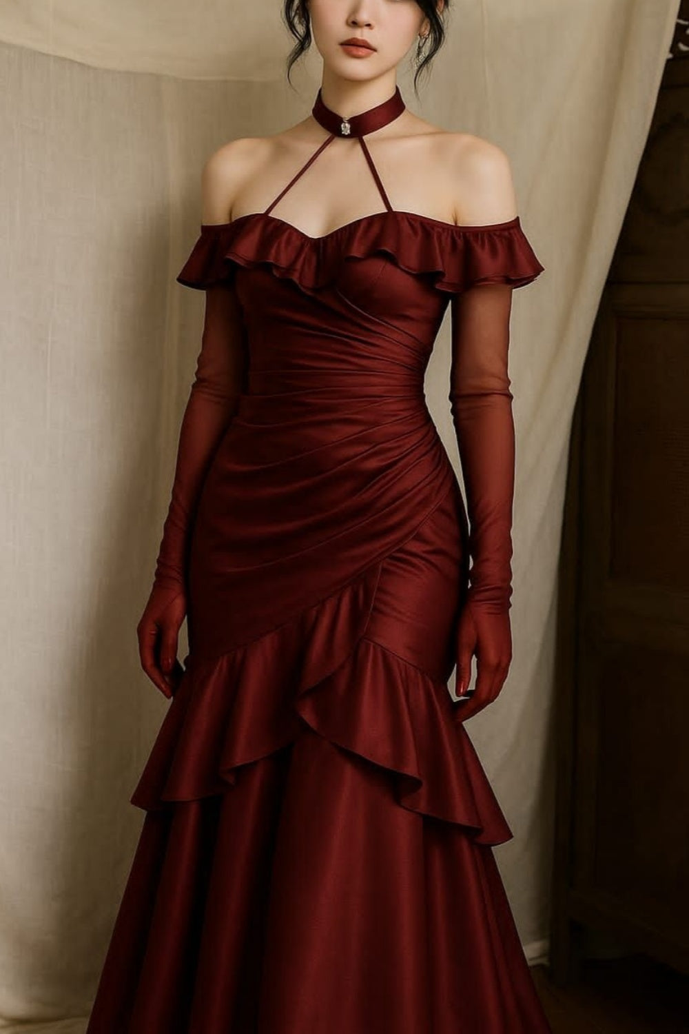 uschichubs-Burgundy ruffled sling long satin prom dress mermaid dress tight dress gh5762