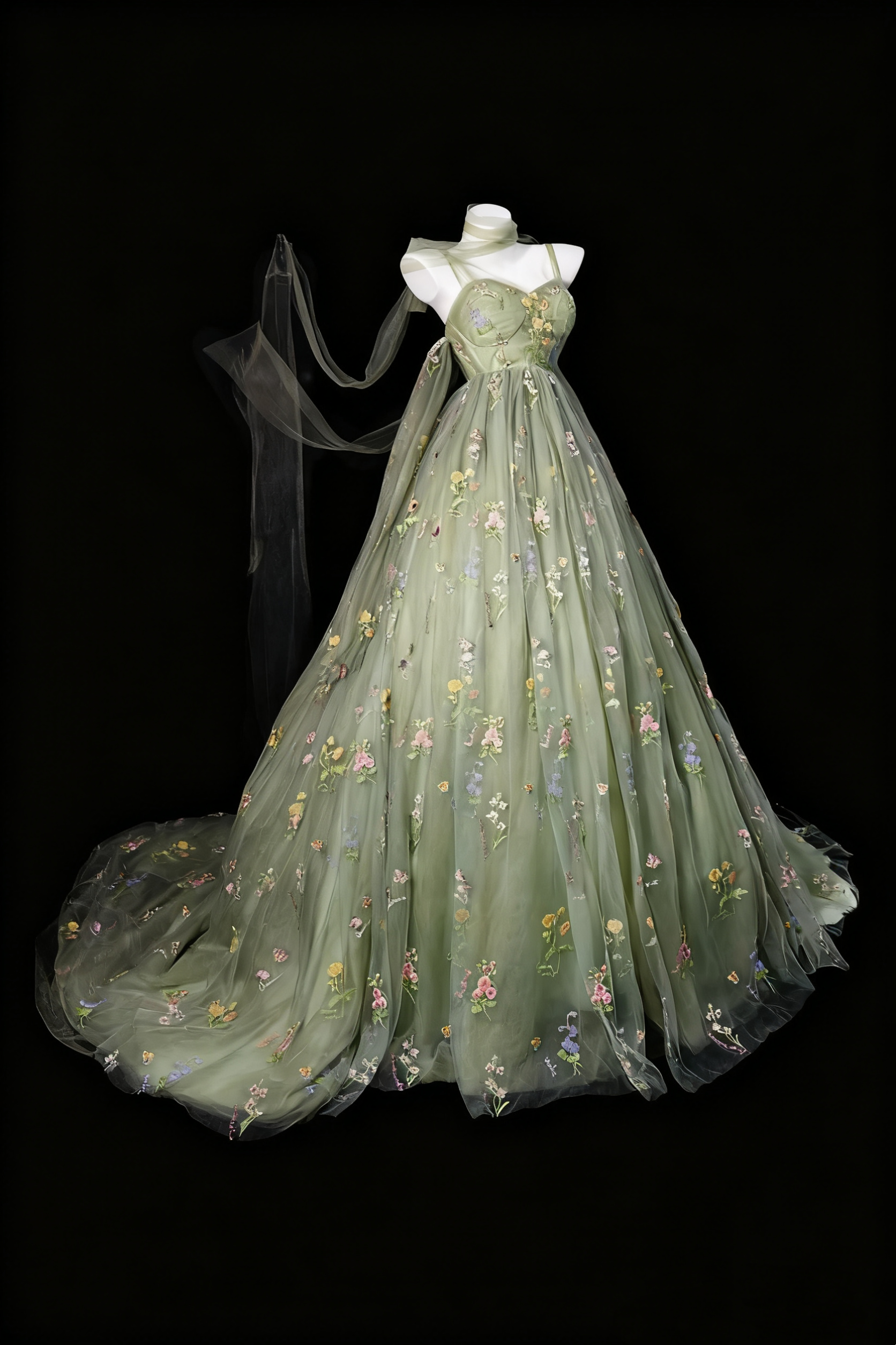 uschichubs-Green Delicate Floral Tulle Ball Gown gh6285