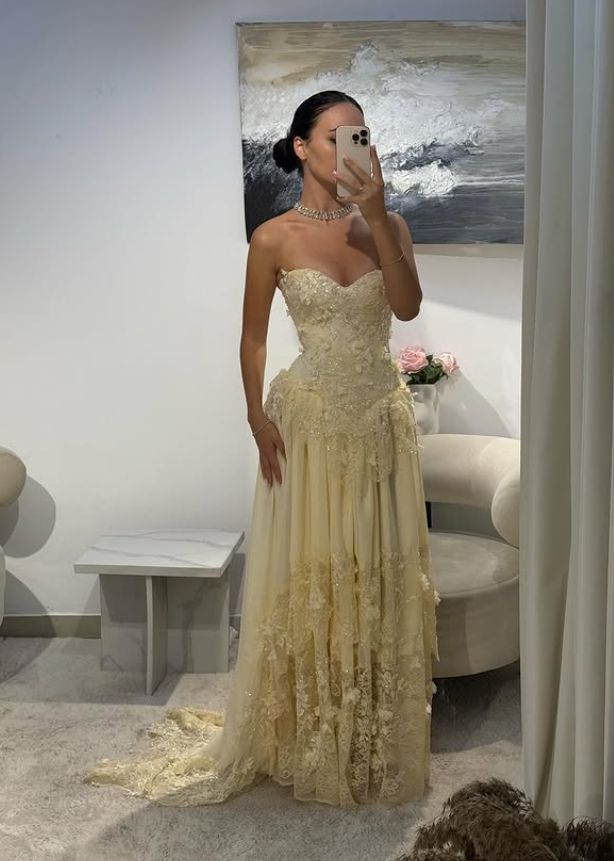 Yellow A Line Sweetheart Neck Long Prom Dress Evening Dress With Applique fg8222