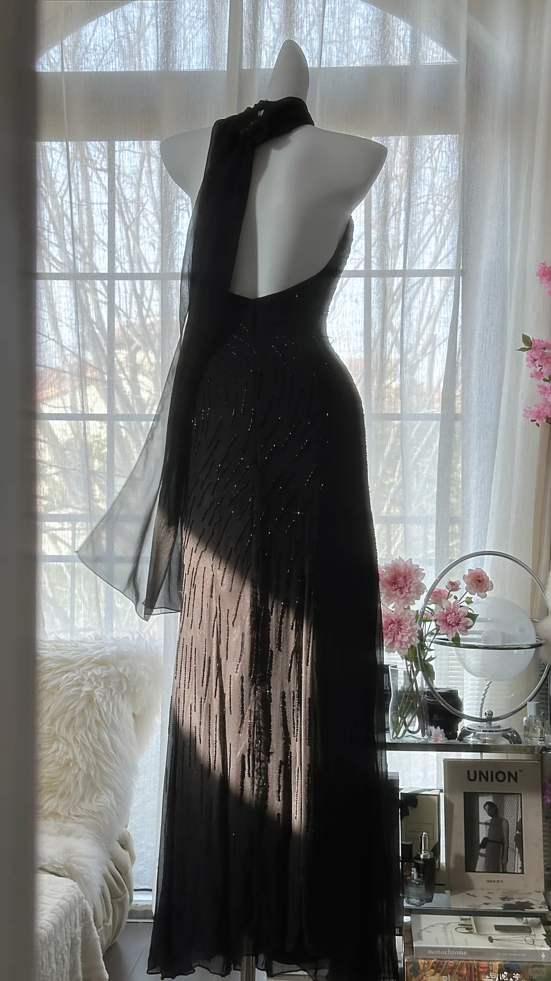 Retro Black V-neck Applique Design Romantic Chiffon Evening Dress Prom Dress TP4011