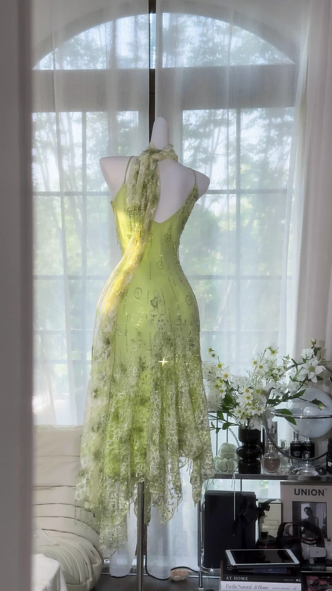 Retro Light Green Sparkling Sequin Spaghetti Strap Romantic Ball Gown Evening Dress Prom Dresses TP3961