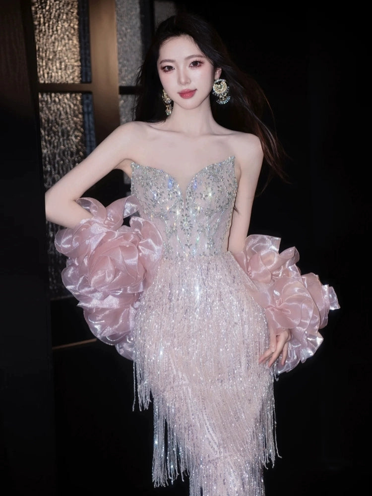 Shiny Tassel Luxurious Evening Dress Beaded Long Prom Dress Birthday Dress fg8254