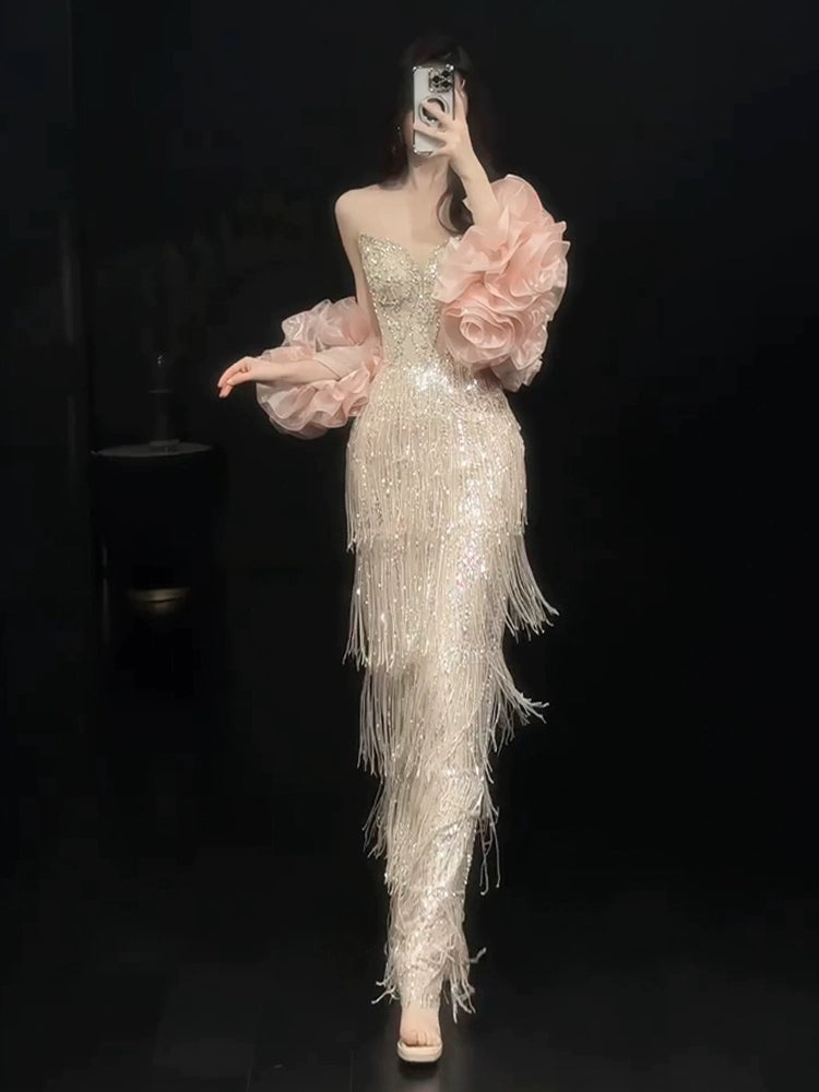 Shiny Tassel Luxurious Evening Dress Beaded Long Prom Dress Birthday Dress fg8254