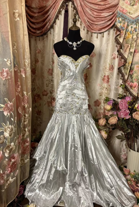 Sweetheart Neck Silver Prom Dress Beaded Mermaid Birthday Dress  fg8260