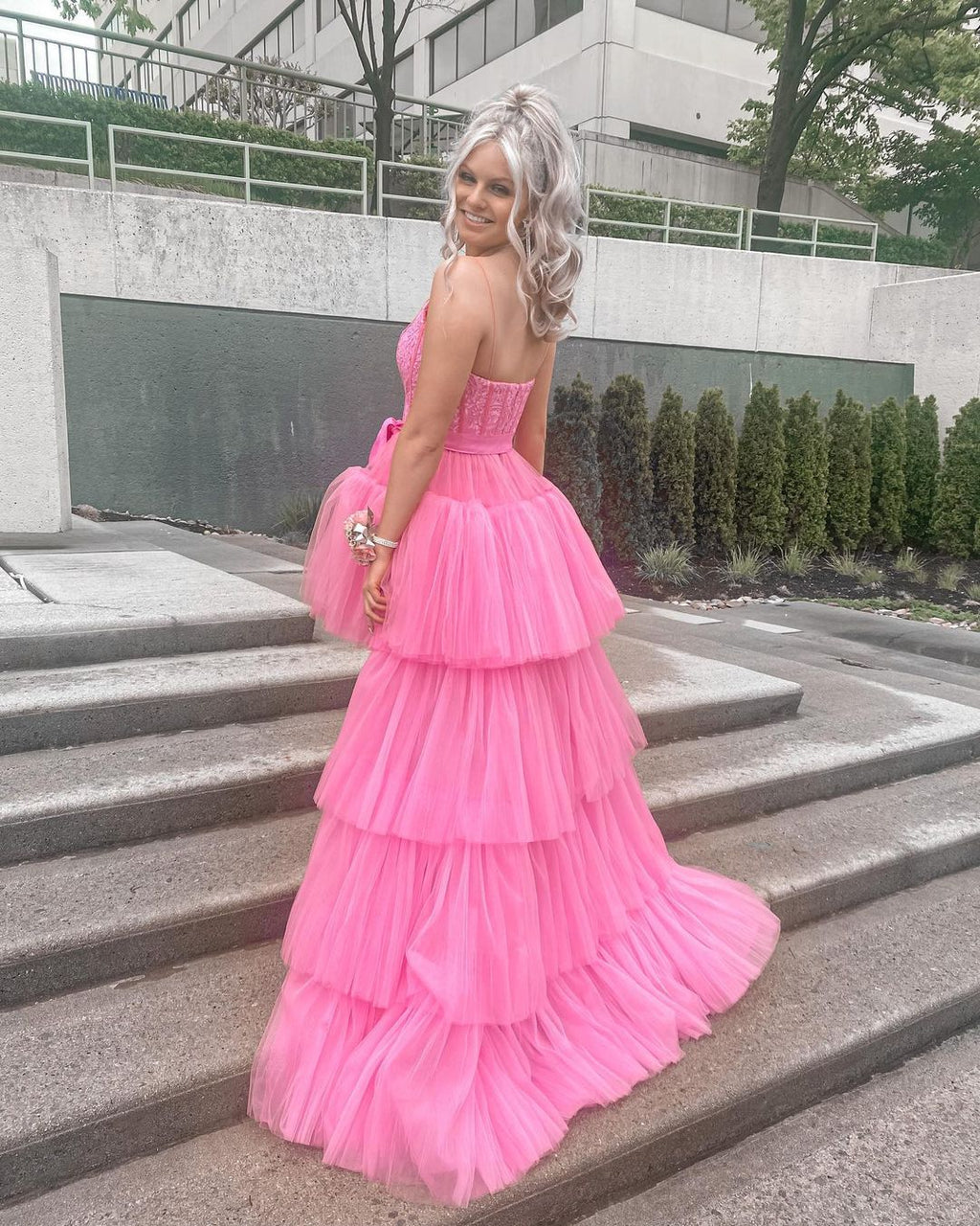 PM397,High Low Hot Pink Tiered Prom Dress with Spaghetti Straps