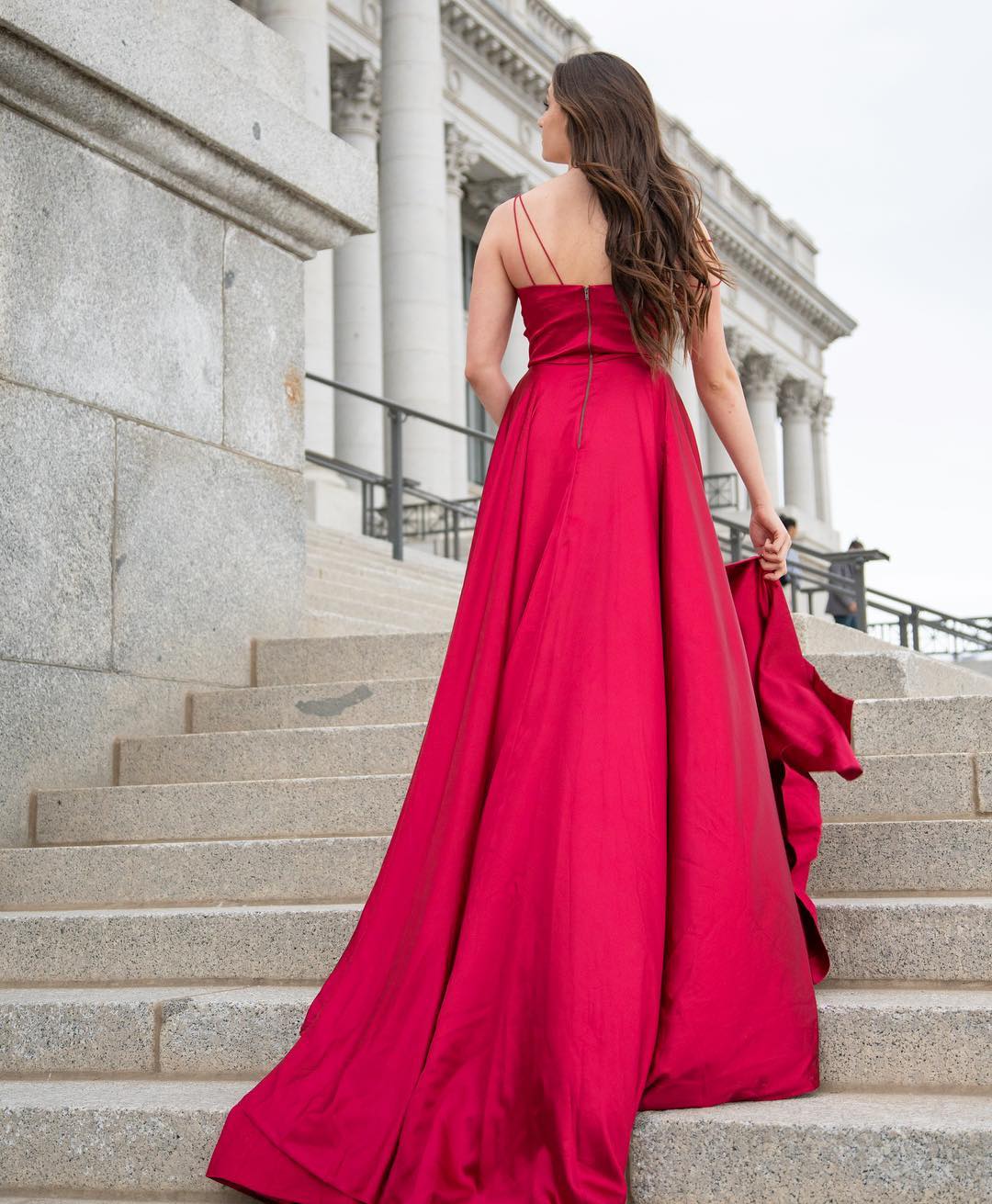 Sexy V neck Split Backless Red Prom Dresses with pockets,Formal Party Dress,Evening Gowns