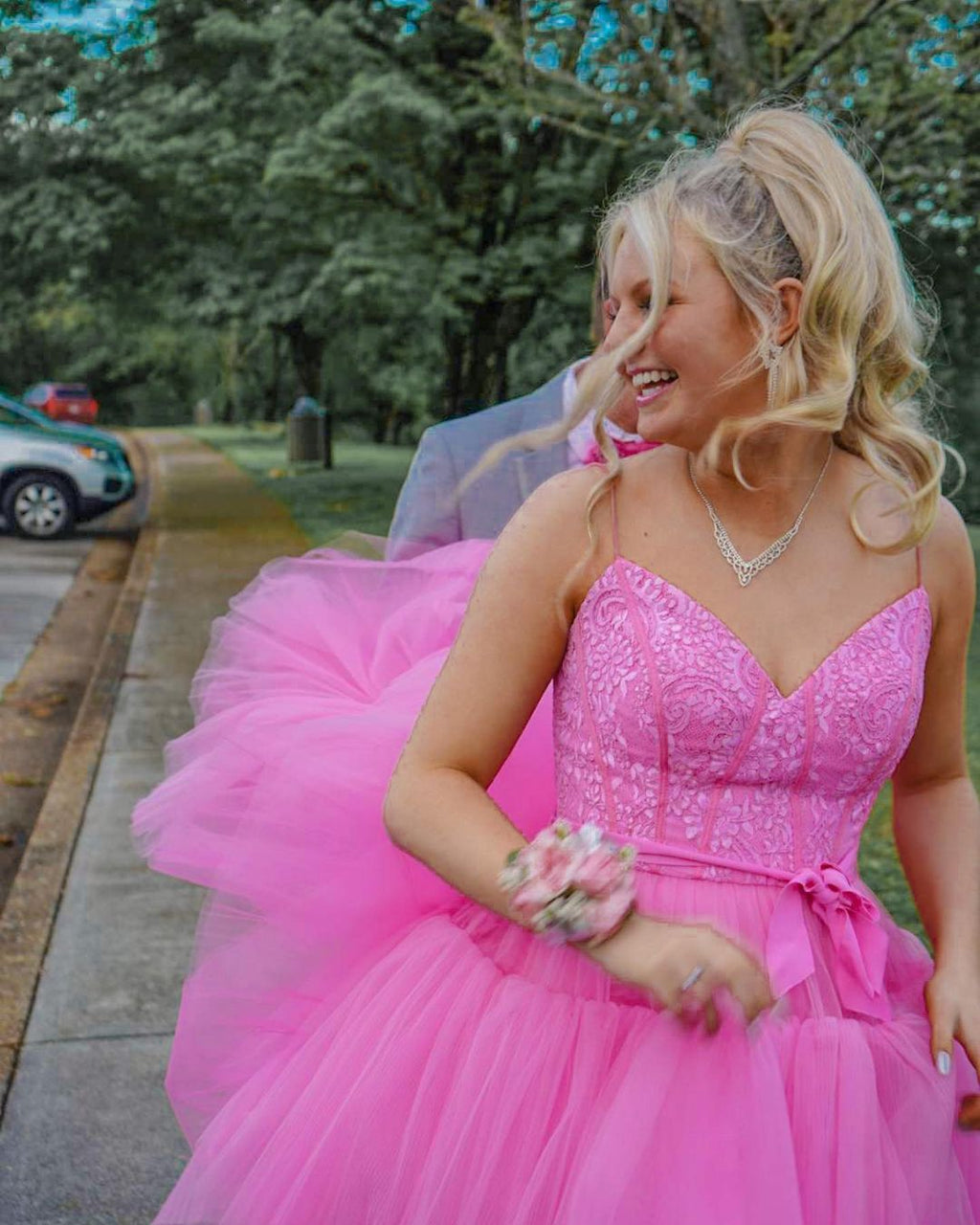 PM397,High Low Hot Pink Tiered Prom Dress with Spaghetti Straps