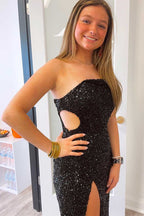 Black One Shoulder Sequin Long Party Dress,Pink Formal Evening Dresses