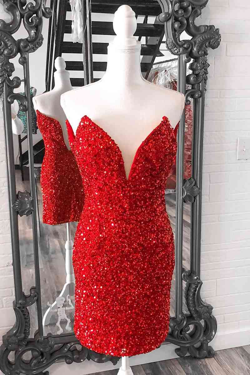 Tight V Neck Red Sequins Short Party Dress,Sparkly Bodycon Dresses