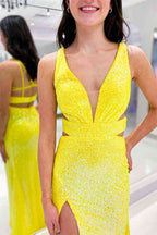 Cutout Yellow Sequins V-Neck Long Prom Dress with Slit