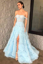 Strapless Light Blue Ruffle Tulle A-Line Prom Dress with Sheer Mesh