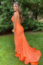 Orange Satin Mermaid Prom Dress Back Open Long
