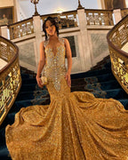 Sparkly Gold Mermaid Prom Dress Long Train Crystal Wedding Party Gown
