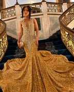 Sparkly Gold Mermaid Prom Dress Long Train Crystal Wedding Party Gown