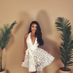 A-Line Ivory Lace Applique Halter Backless Homecoming Dresses