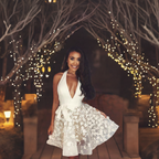 A-Line Ivory Lace Applique Halter Backless Homecoming Dresses