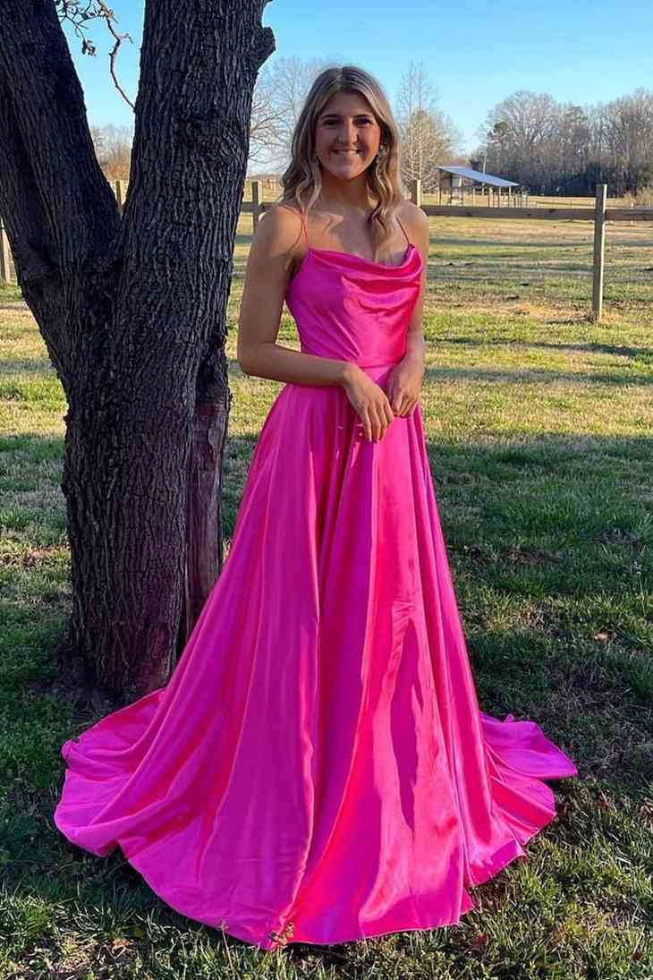Cowl Neck Green Satin A-Line Formal Dress with Slit,Unique Prom Gown