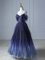 Blue Gradient Tulle Long Prom Dress,Beautiful Spaghetti Strap Celebrity Dresses