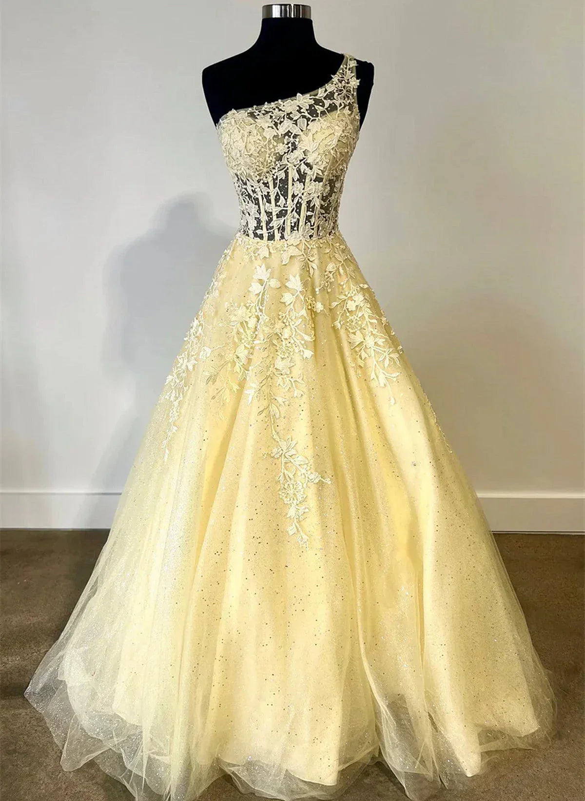 Beautiful One Shoulder Yellow Tulle with Lace Party Dress, Yellow Prom Dress TP1017