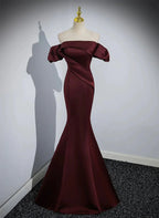 Charming Maroon Satin Mermaid Off Shoulder Prom Dress, Maroon Party Dress TP1020