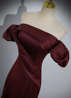 Charming Maroon Satin Mermaid Off Shoulder Prom Dress, Maroon Party Dress TP1020