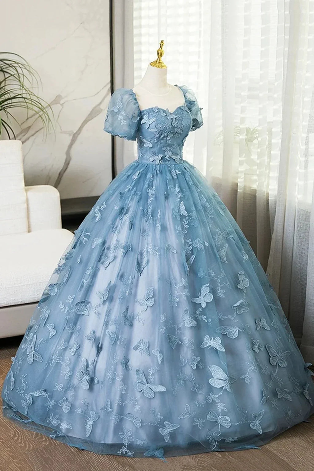 Lovely Blue Short Sleeves Long Party Dress With Butterfly Lace, Blue Prom Dress TP1024