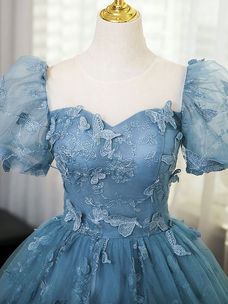 Lovely Blue Short Sleeves Long Party Dress With Butterfly Lace, Blue Prom Dress TP1024