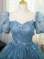 Lovely Blue Short Sleeves Long Party Dress With Butterfly Lace, Blue Prom Dress TP1024