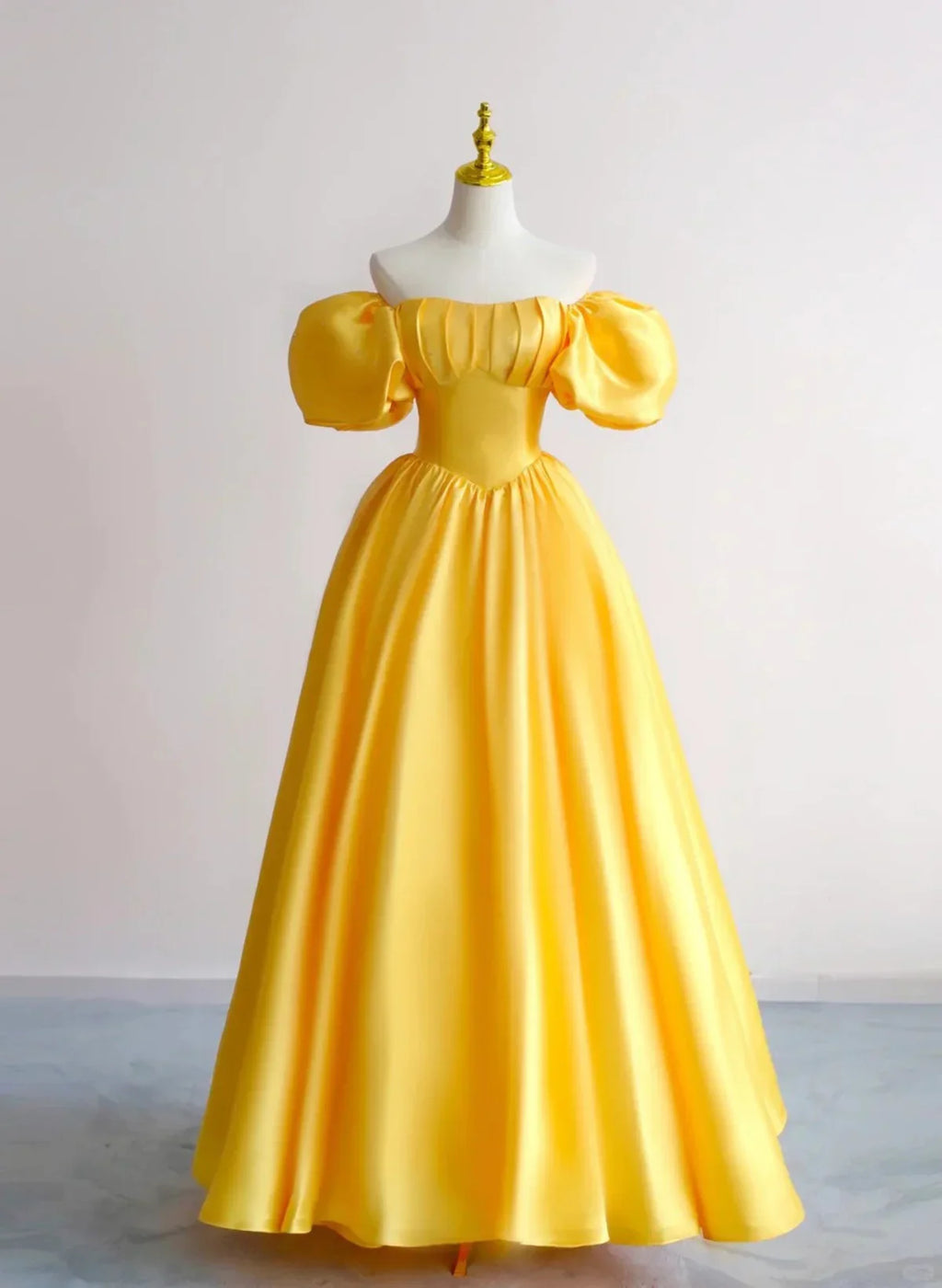 Yellow A-Line Satin Off Shoulder Prom Dress, Yellow Evening Dress TP1089