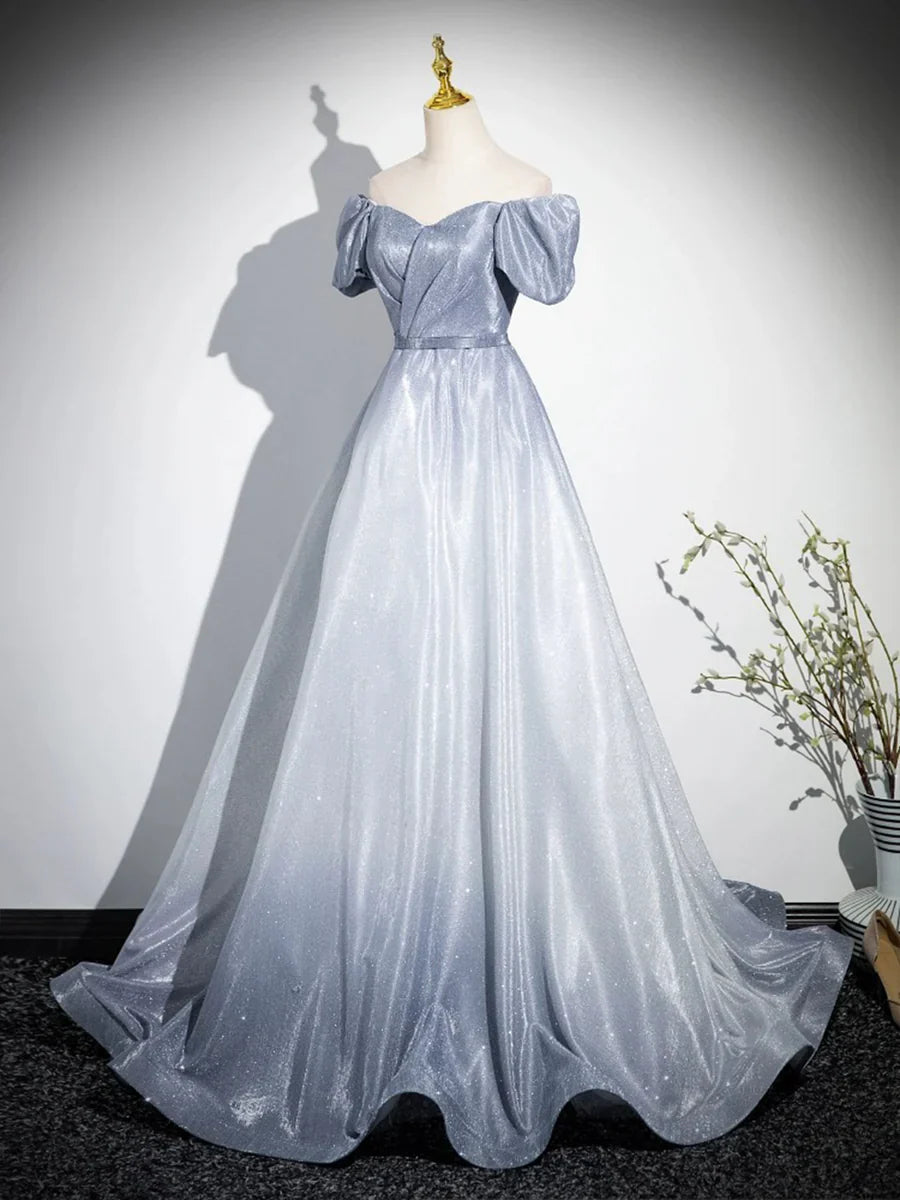 Beautiful Gradient-Color Glitter Sequins Prom Dresses, A-Line Princess Off-The-Shoulder Sleeveless Gray Blue Formal Dresses TP131