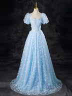 Blue Butterfly Appliques Sequins Prom Dress, A-Line Short Sleeve Backless Princess Formal Dress TP134