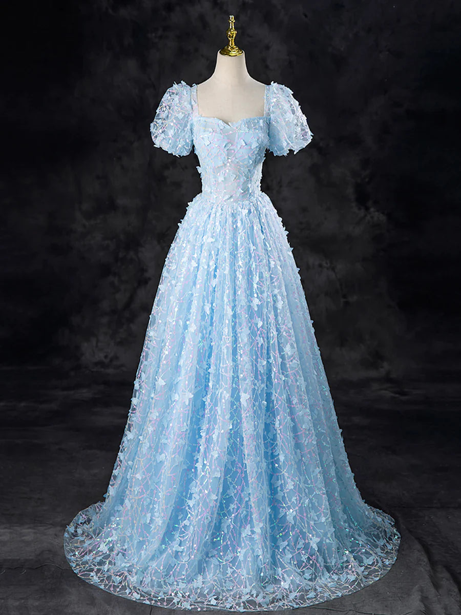 Blue Butterfly Appliques Sequins Prom Dress, A-Line Short Sleeve Backless Princess Formal Dress TP134