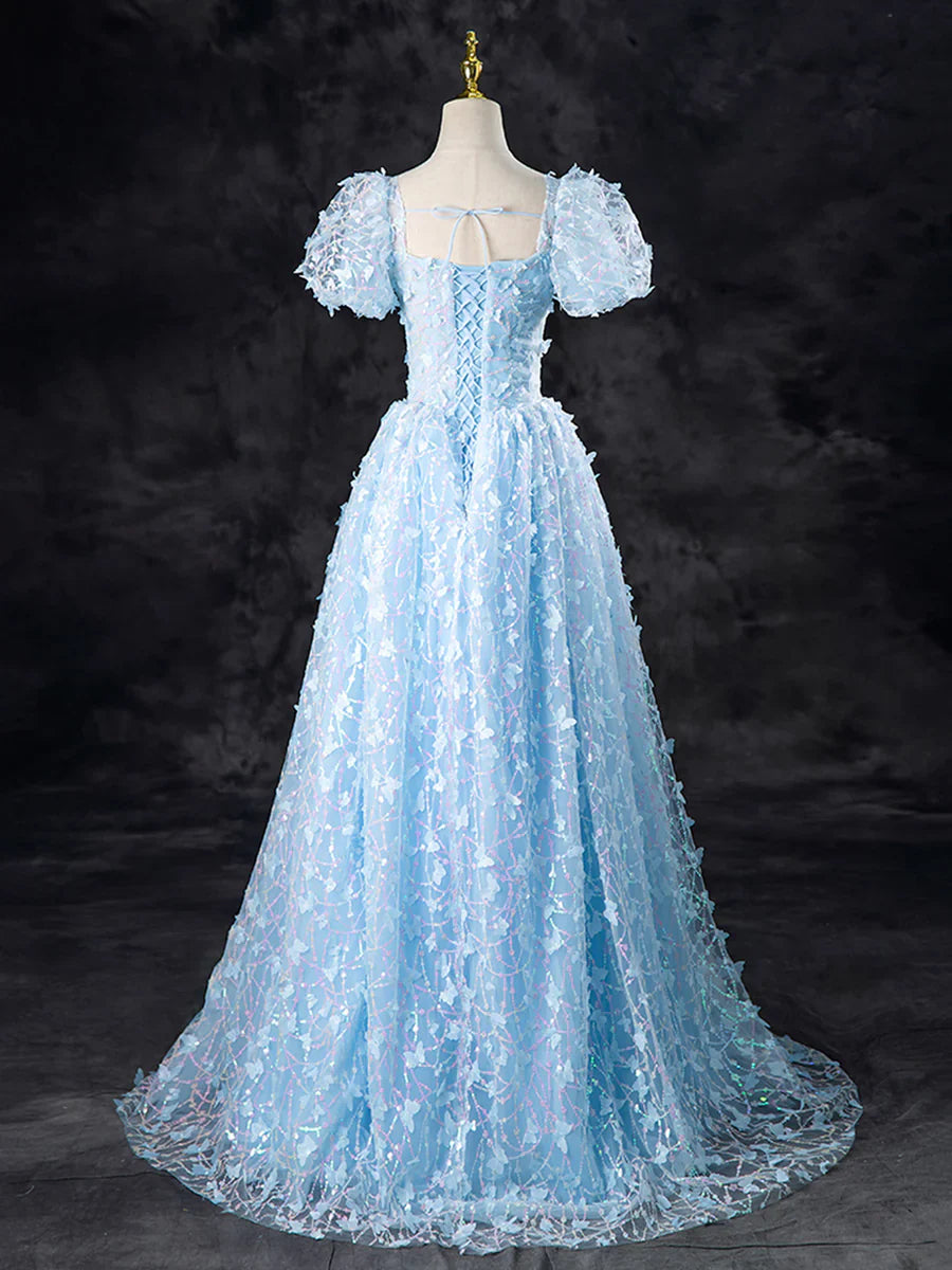 Blue Butterfly Appliques Sequins Prom Dress, A-Line Short Sleeve Backless Princess Formal Dress TP134