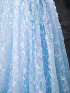 Blue Butterfly Appliques Sequins Prom Dress, A-Line Short Sleeve Backless Princess Formal Dress TP134