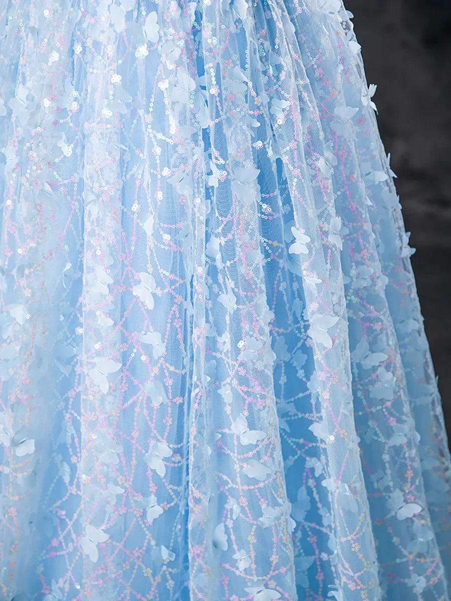 Blue Butterfly Appliques Sequins Prom Dress, A-Line Short Sleeve Backless Princess Formal Dress TP134