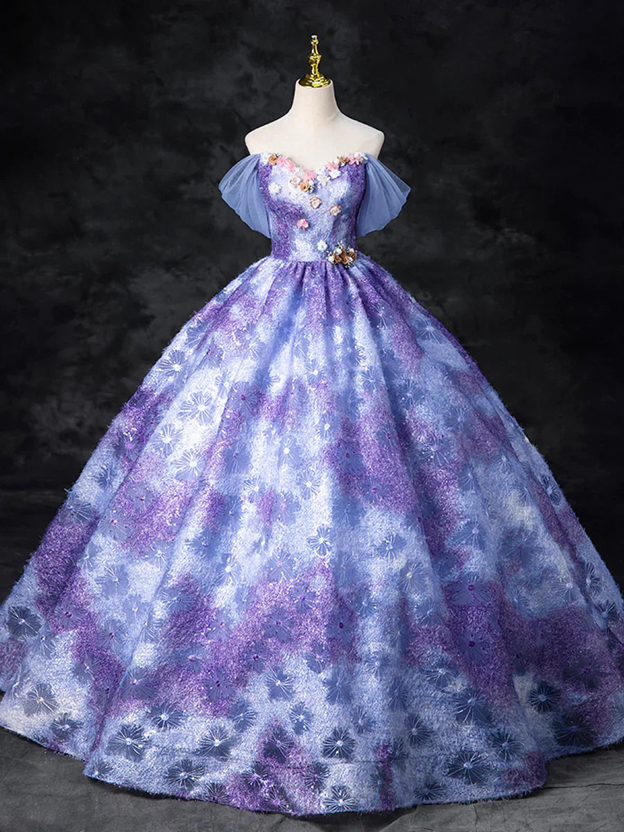 Dreamy Colorful Flowers Purple/blue Prom Dress, Fairy Off the Shoulder A-Line Princess Party Gown TP169