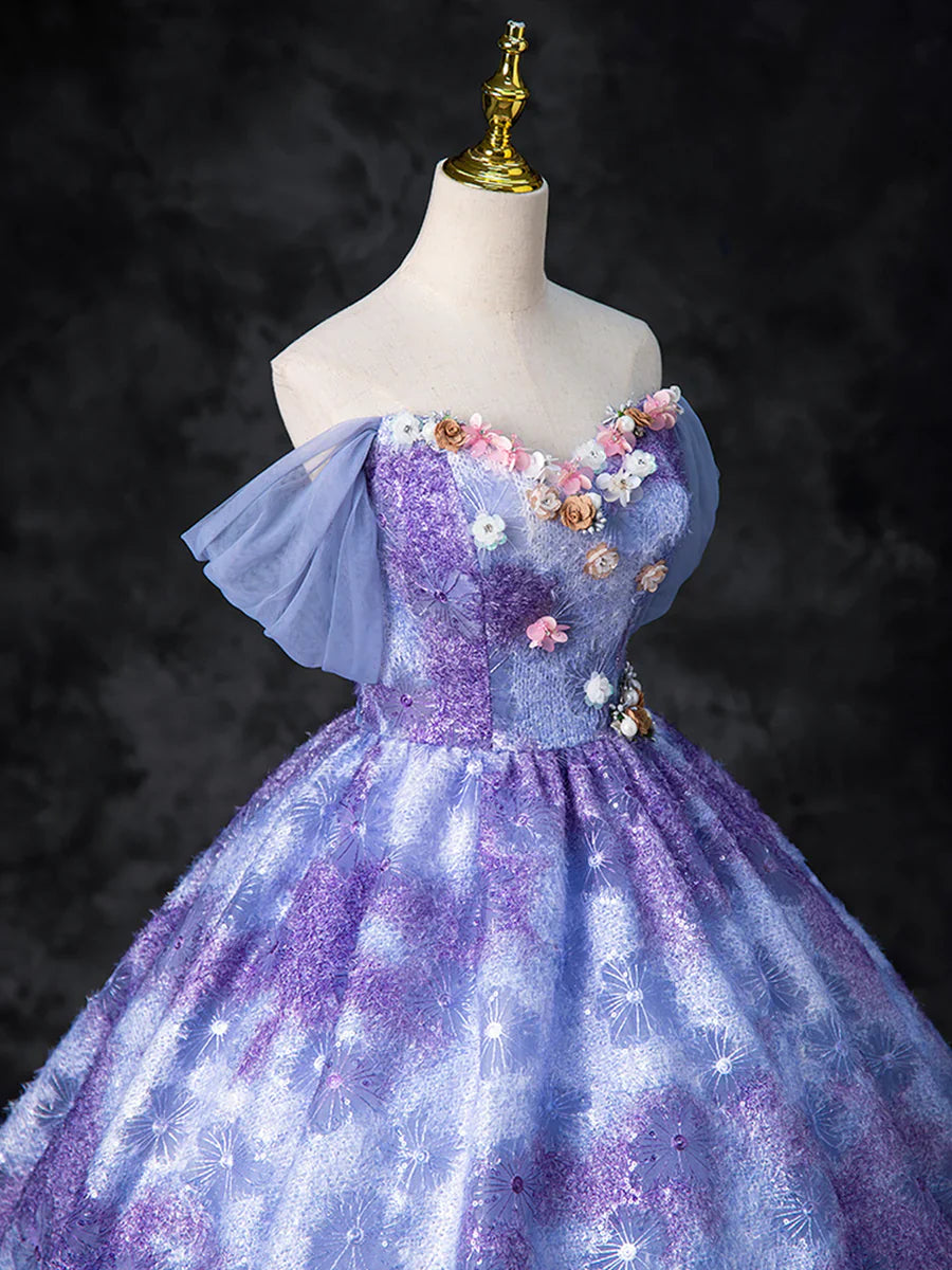 Dreamy Colorful Flowers Purple/blue Prom Dress, Fairy Off the Shoulder A-Line Princess Party Gown TP169