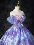 Dreamy Colorful Flowers Purple/blue Prom Dress, Fairy Off the Shoulder A-Line Princess Party Gown TP169